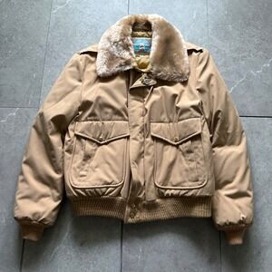 William Barry Struggle Gear Bomber Jacket 42 Tan Faux Fur Collar Vintage USA